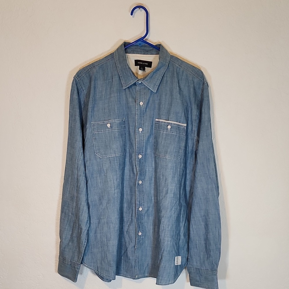 Adam Levine Men's Chambray Blue Cotton Button-Up Shirt Long Sleeve Size L